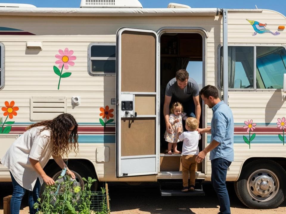 A family with their children living in an RV