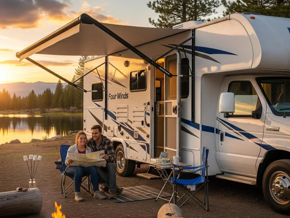 beautiful couple reading on a news paper with an rv for beginners