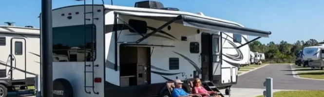 A couple relaxing with their RV talking about is it illegal to live in a camper