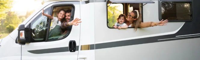 A family picture inside an RV on how to rent an rv